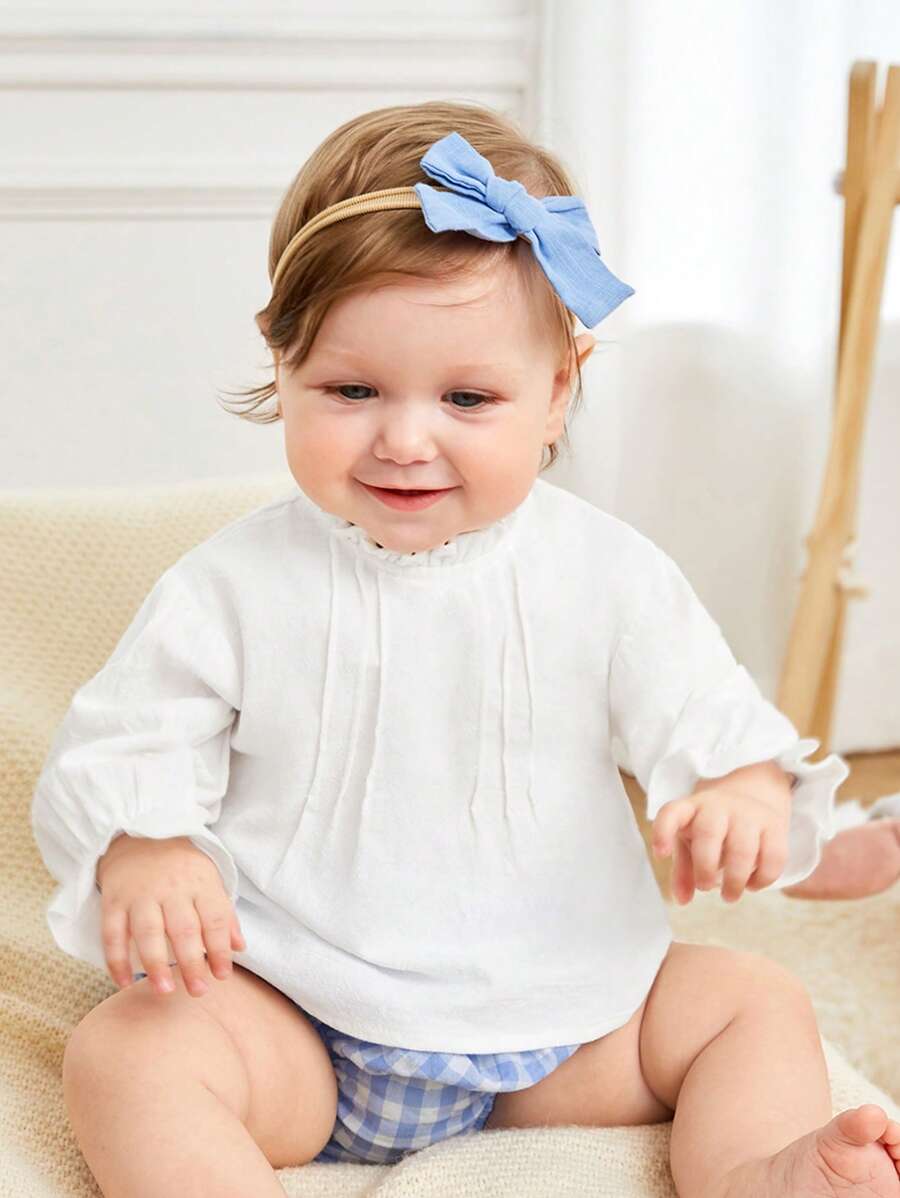 SHEIN 新生兒女孩可愛和舒服長袖上衣帶木耳邊領和百褶前 - 白色 - 查看 1