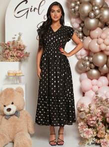 SHEIN Maternity Gold Dot Print Ruffle Hem Dress - Black - View 3