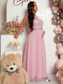 SHEIN Maternity Sequin Halter Top & Mesh Skirt Set - Dusty Pink - View 3