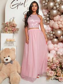 SHEIN Maternity Sequin Halter Top & Mesh Skirt Set - Dusty Pink - View 6