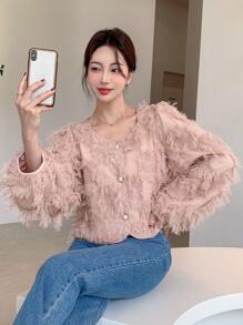 DAZY Chất rắn Nút phía trước 	
Fuzzy Áo khoác - Hồng - Xem 1