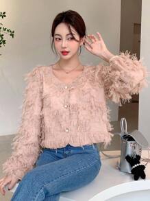 DAZY Chất rắn Nút phía trước 	
Fuzzy Áo khoác - Hồng - Xem 2