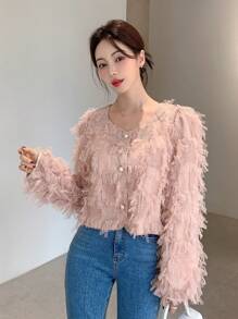 DAZY Chất rắn Nút phía trước 	
Fuzzy Áo khoác - Hồng - Xem 4