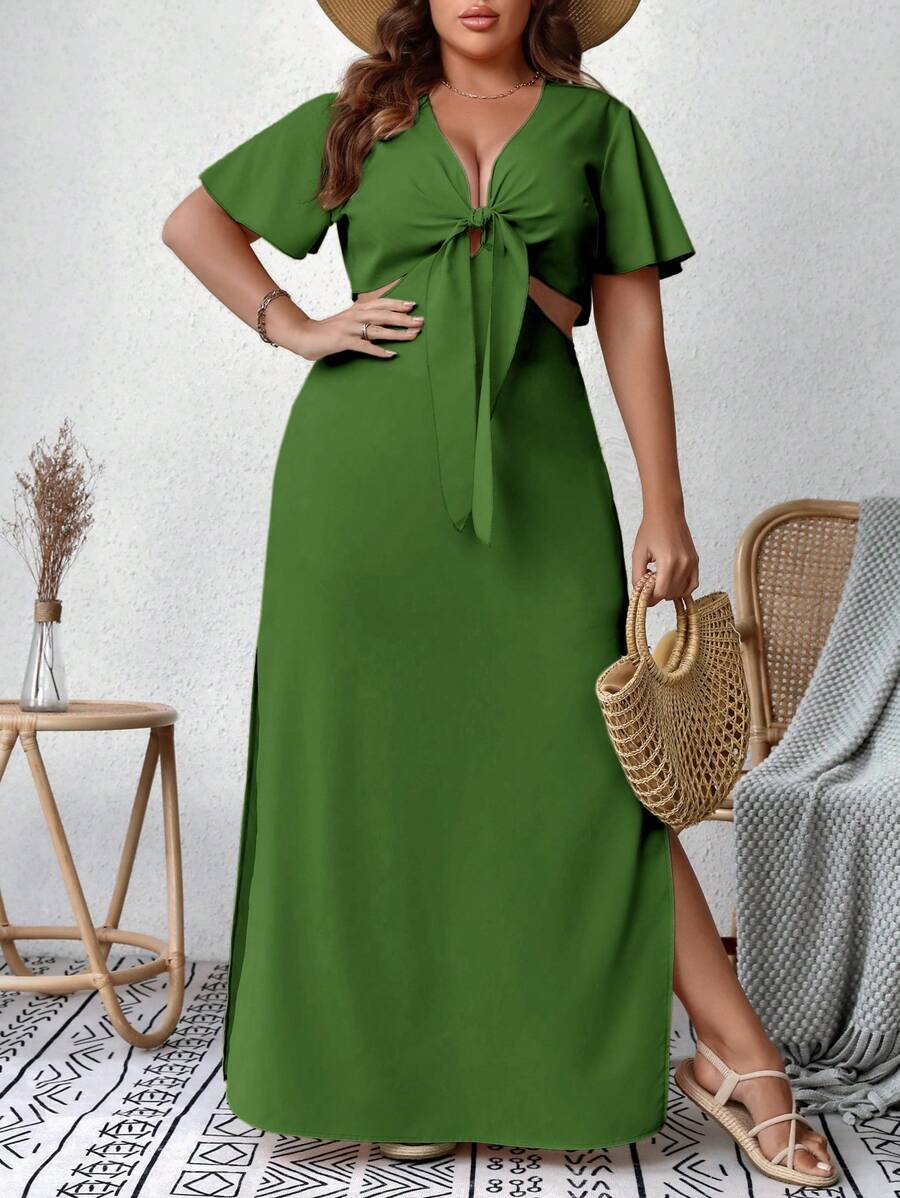 SHEIN VCAY Plus Knot Front Split Thigh Dress - Green - View 1