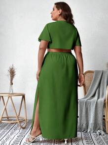 SHEIN VCAY Plus Knot Front Split Thigh Dress - Green - View 2