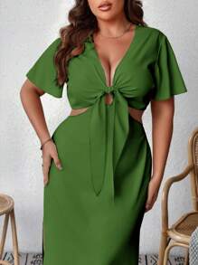 SHEIN VCAY Plus Knot Front Split Thigh Dress - Green - View 4