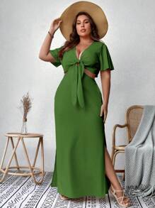 SHEIN VCAY Plus Knot Front Split Thigh Dress - Green - View 5