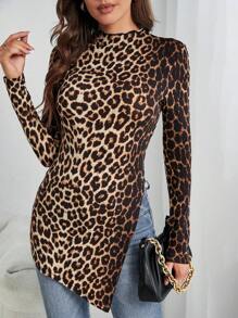 SHEIN Tall 休閒不對稱 木耳邊 開衩豹紋女士T恤 - 彩色 - 查看 1