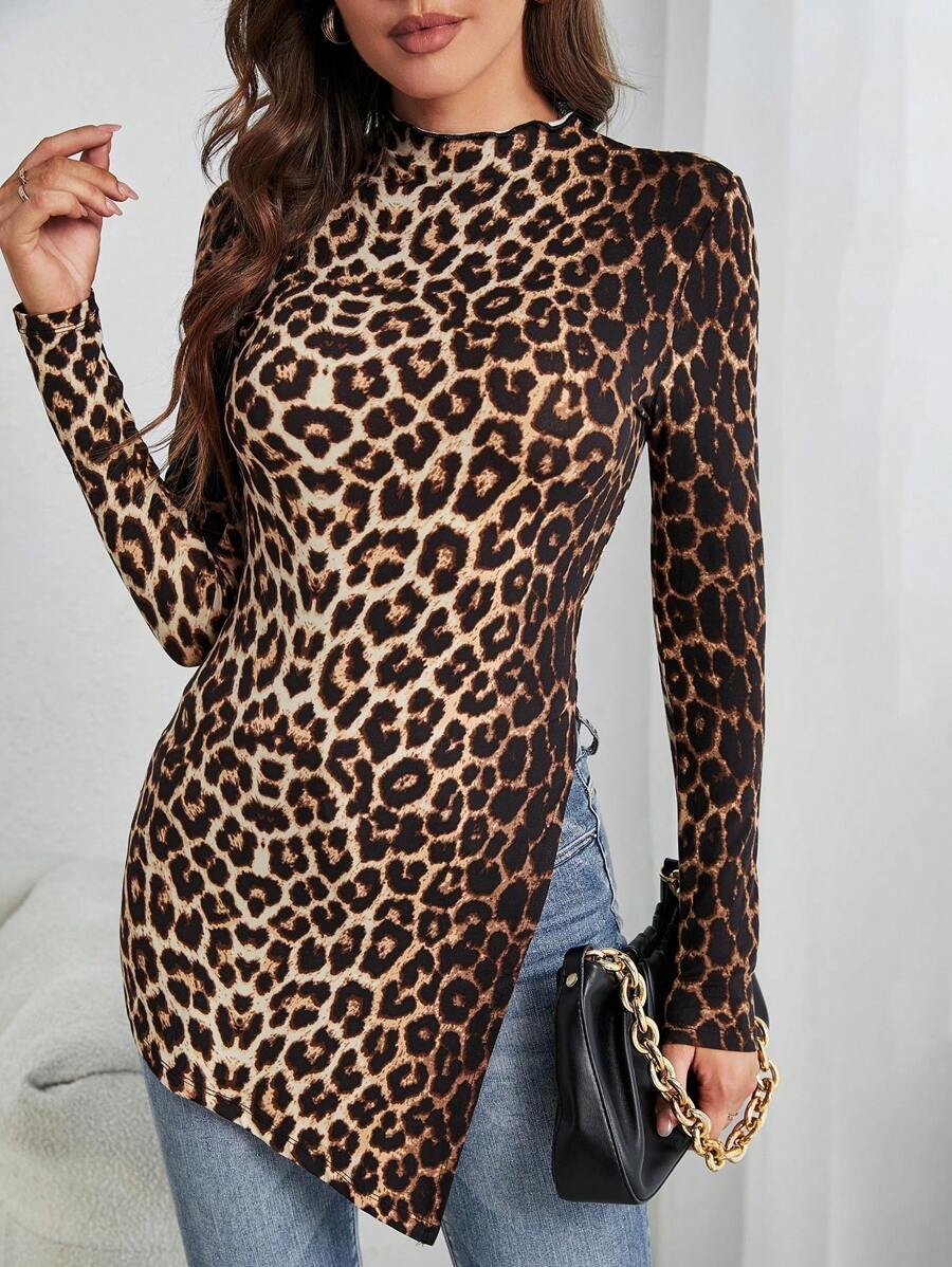 SHEIN Tall 休閒不對稱 木耳邊 開衩豹紋女士T恤 - 彩色 - 查看 1