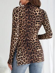 SHEIN Tall 休閒不對稱 木耳邊 開衩豹紋女士T恤 - 彩色 - 查看 2