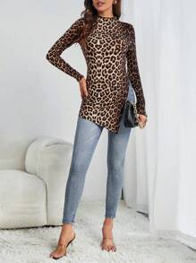 SHEIN Tall 休閒不對稱 木耳邊 開衩豹紋女士T恤 - 彩色 - 查看 3