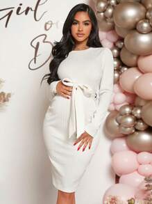 Loomaby 孕妇纯色系带前身紧身连衣裙，长袖，适合婴儿洗礼 - 白色 - 查看 3