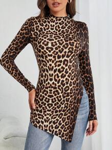 SHEIN Tall 休閒不對稱 木耳邊 開衩豹紋女士T恤 - 彩色 - 查看 5