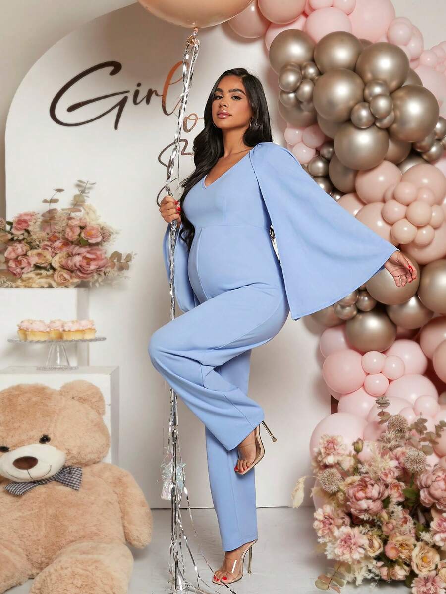 SHEIN Maternity Cloak Sleeve Jumpsuit - Baby Blue - View 1