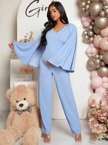 SHEIN Maternity Cloak Sleeve Jumpsuit - Baby Blue - View 3