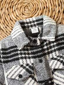 女嬰格紋印花翻蓋口袋前紐扣外套 - 黑與白 - 查看 3