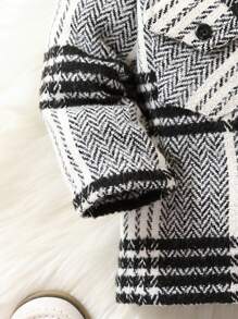 女嬰格紋印花翻蓋口袋前紐扣外套 - 黑與白 - 查看 6