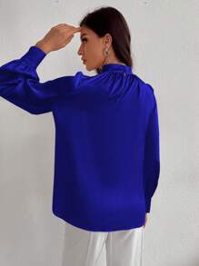 GENKIRA Cổ giả Tay áo lồng đèn Xa ten Áo sơ mi - Xanh đậm - Xem 2