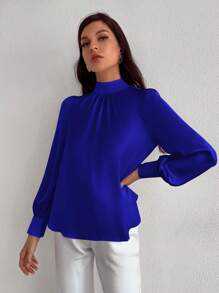 GENKIRA Cổ giả Tay áo lồng đèn Xa ten Áo sơ mi - Xanh đậm - Xem 3