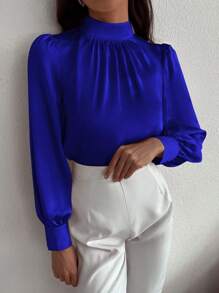 GENKIRA Cổ giả Tay áo lồng đèn Xa ten Áo sơ mi - Xanh đậm - Xem 4