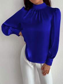 GENKIRA Cổ giả Tay áo lồng đèn Xa ten Áo sơ mi - Xanh đậm - Xem 5