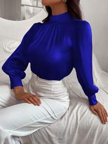 GENKIRA Cổ giả Tay áo lồng đèn Xa ten Áo sơ mi - Xanh đậm - Xem 6