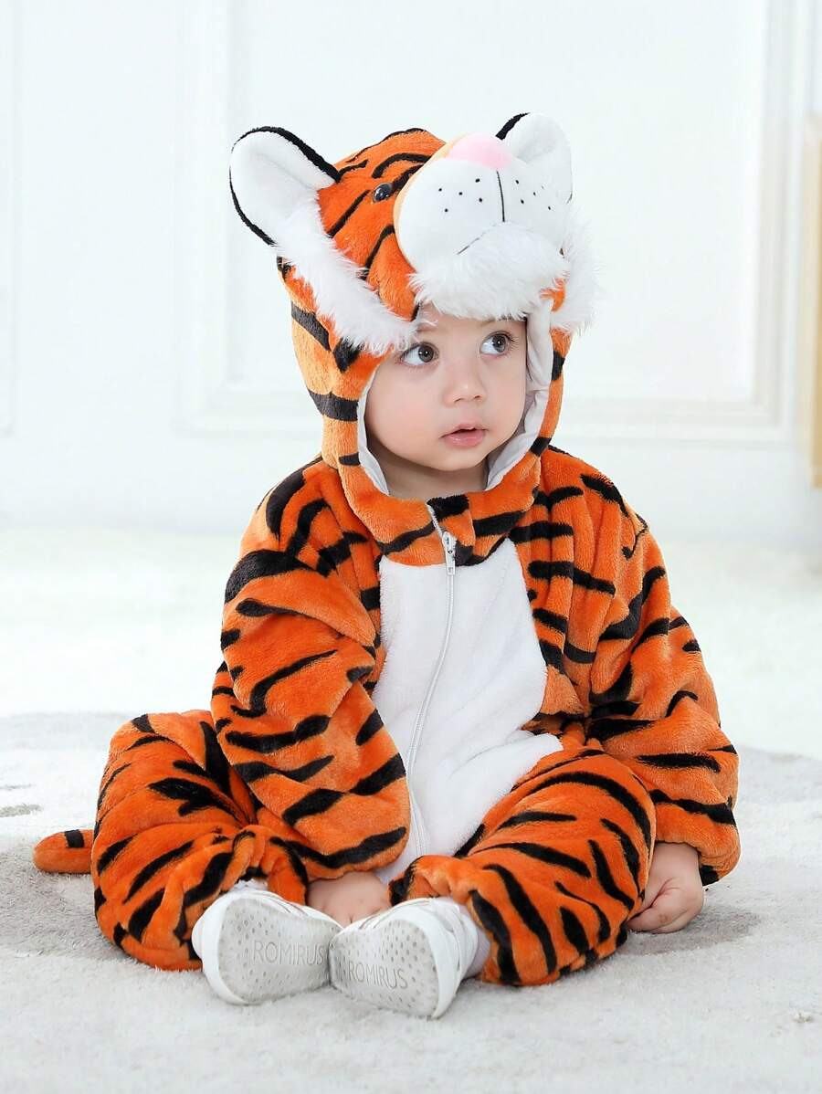 SHEIN Bebé niño Disfraz piel de tigre con estampado con bordado de dibujos animados con diseño de orejas 3D con capucha - Multicolor - Ver 1