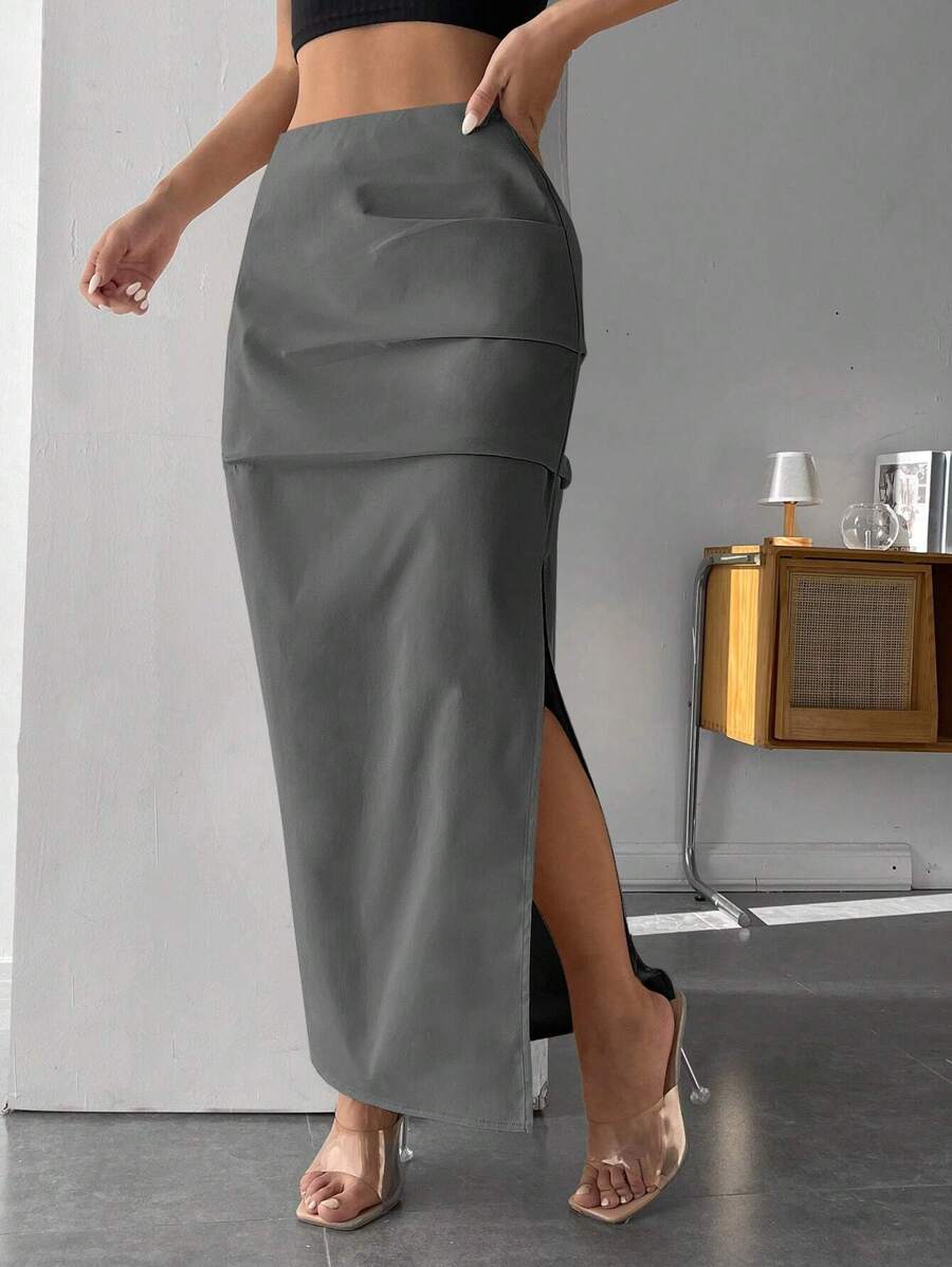 SHEIN PETITE Solid Split Thigh Skirt - Grey - View 1