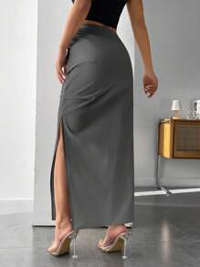 SHEIN PETITE Solid Split Thigh Skirt - Grey - View 2