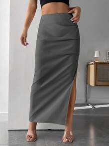 SHEIN PETITE Solid Split Thigh Skirt - Grey - View 3