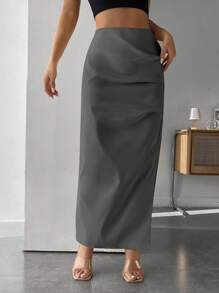 SHEIN PETITE Solid Split Thigh Skirt - Grey - View 4