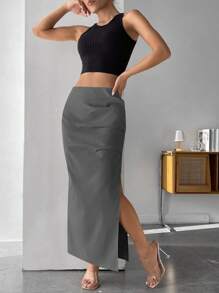 SHEIN PETITE Solid Split Thigh Skirt - Grey - View 5