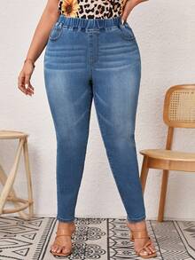 SHEIN LUNE Talla grande Jeans ajustados de cintura elástica - Azul lavado medio - Ver 3