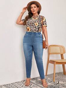 SHEIN LUNE Talla grande Jeans ajustados de cintura elástica - Azul lavado medio - Ver 5