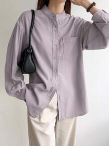 DAZY 纯色口袋贴片纽扣衬衫长袖上衣