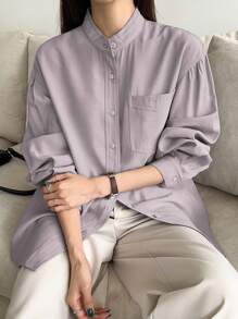 DAZY 纯色口袋贴片纽扣衬衫长袖上衣