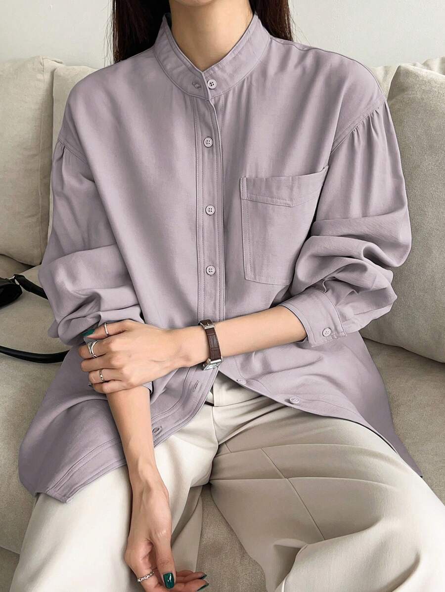 DAZY 纯色口袋贴片纽扣衬衫长袖上衣