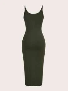 SHEIN BASICS Solid Cami Bodycon Casual Dinner Dating Dress/Summer\Elegant - Army Green - View 2