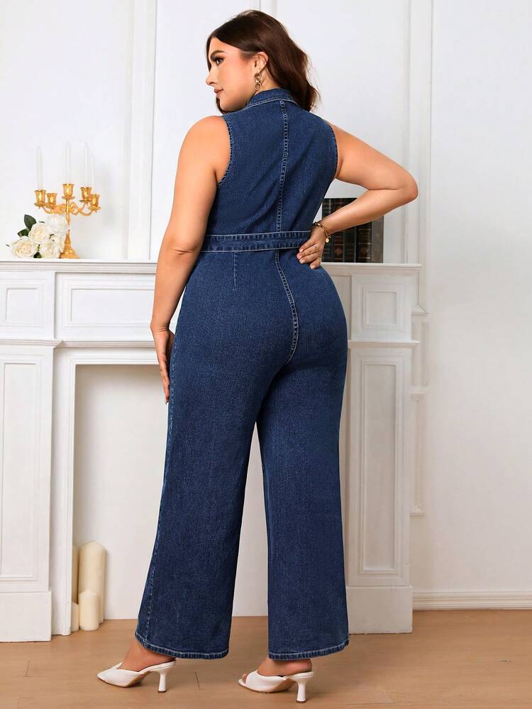 SHEIN Privé Talla grande Mono con cremallera delantera con cinturón mezclilla - Azul lavado oscuro - Añade 2