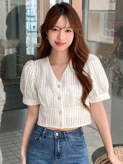 DAZY Solid Button Front Puff Sleeve Crop Blouse,Business Casual Women