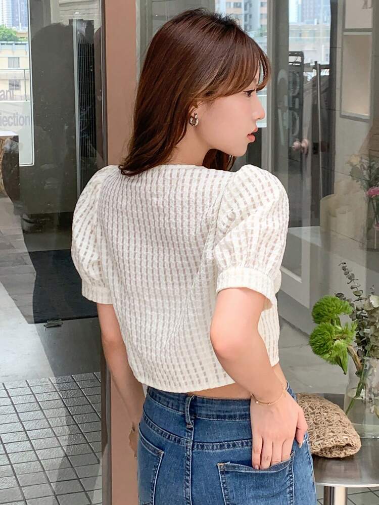 Solid Button Front Puff Sleeve Crop Blouse,Business Casual Women