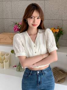 DAZY 纯色纽扣前泡泡袖短款衬衫，商务休闲女装 - 米色 - 查看 3