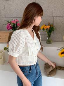 DAZY 纯色纽扣前泡泡袖短款衬衫，商务休闲女装 - 米色 - 查看 5