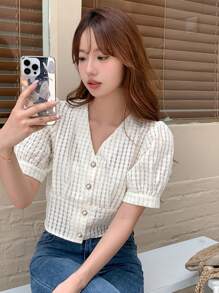 DAZY 纯色纽扣前泡泡袖短款衬衫，商务休闲女装 - 米色 - 查看 6