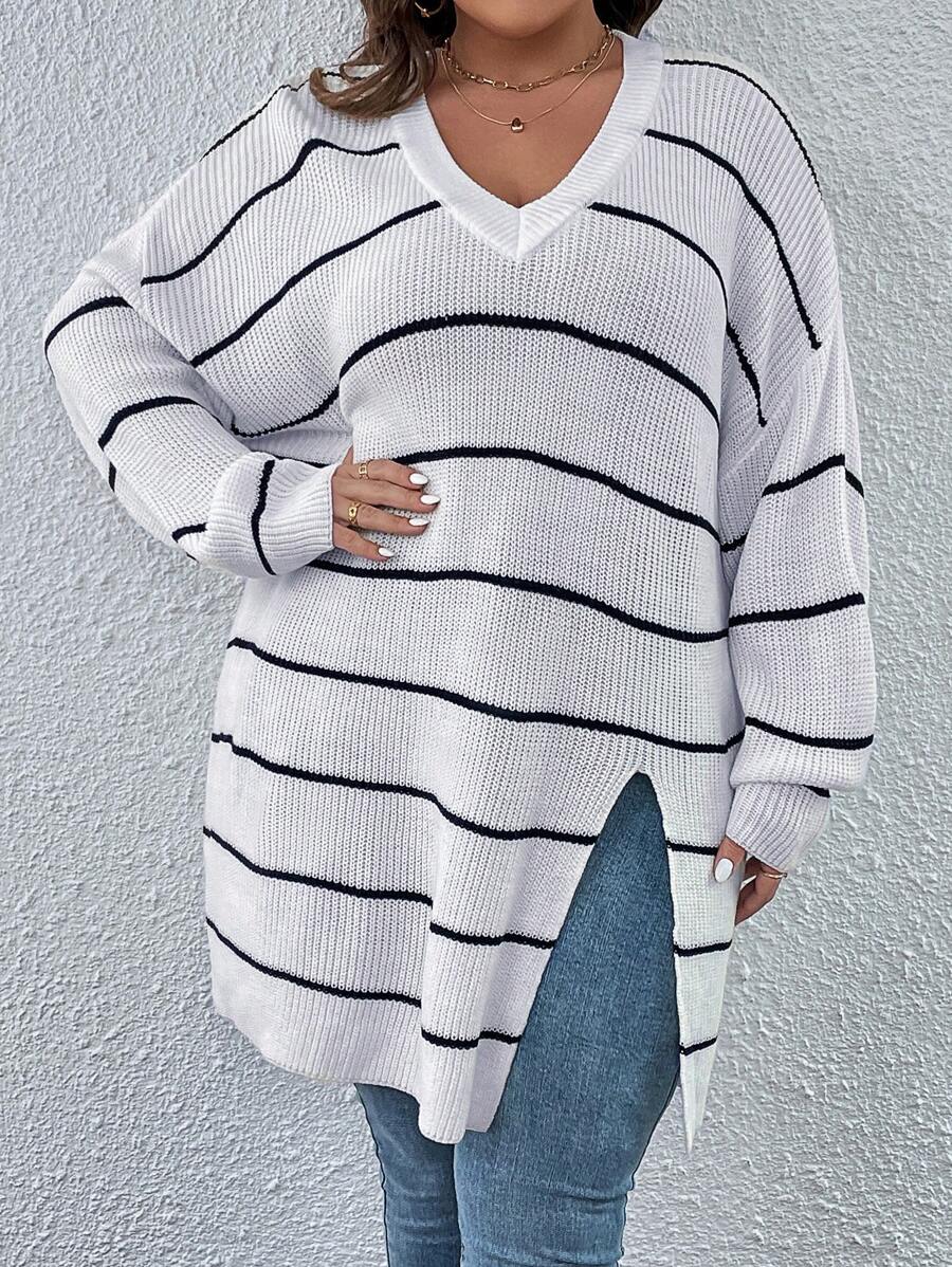 SHEIN Essnce Hơn Mẫu sọc Thả vai Viền chia cắt Áo len - Đen và trắng - Xem 1