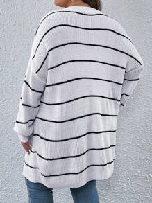 SHEIN Essnce Hơn Mẫu sọc Thả vai Viền chia cắt Áo len - Đen và trắng - Xem 2