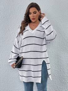SHEIN Essnce Hơn Mẫu sọc Thả vai Viền chia cắt Áo len - Đen và trắng - Xem 3