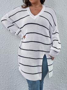 SHEIN Essnce Hơn Mẫu sọc Thả vai Viền chia cắt Áo len - Đen và trắng - Xem 5