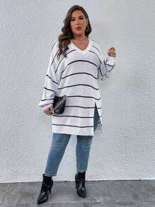 SHEIN Essnce Hơn Mẫu sọc Thả vai Viền chia cắt Áo len - Đen và trắng - Xem 7