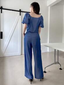 DAZY Puff Sleeve Button Front Blouse & Wide Leg Trousers - Blue - View 2